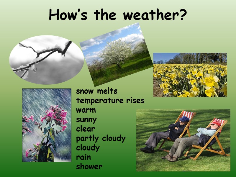 How’s the weather? snow melts temperature rises warm sunny clear partly cloudy cloudy rain